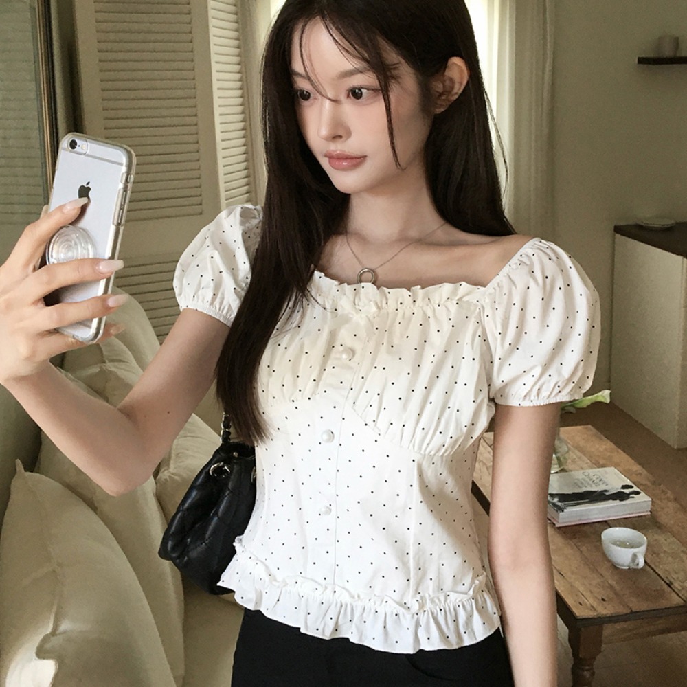 여름 새로운 보트넥 나비 매듭 연령 감소 몸매 가꾸기 슬림해 보이는 프랑스식 달콤한 스타일 도트 무늬 거품 소매 여성 셔츠