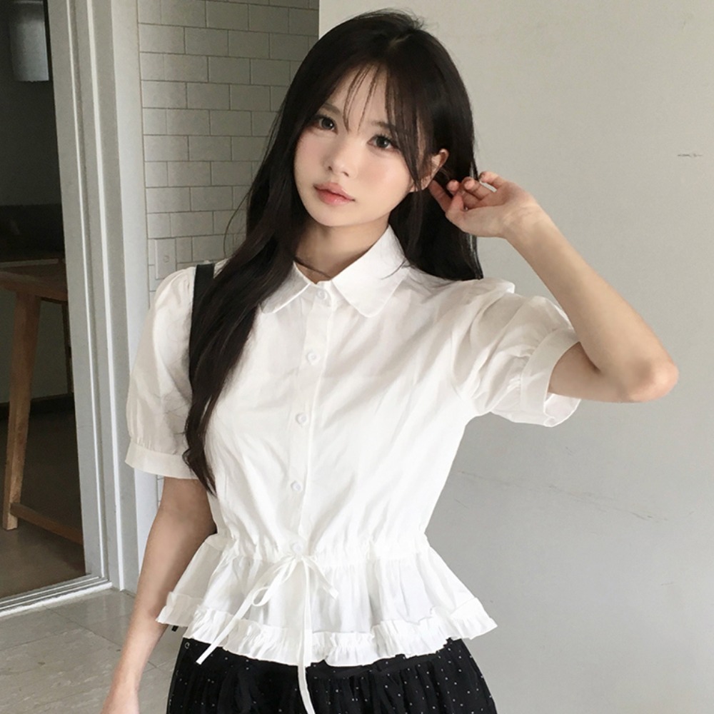 여름 한국 스타일 새로운 디자인 센스 프릴 POLO 칼라 여성 셔츠 슬림해 보이는 외국 가스 끈 편안함 반팔 맨위