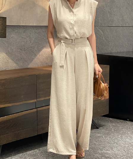 여름 클래식 스탠드 칼라 민소매 캐주얼 셔츠 코디 허리밴드 표지 배 슬림해 보이는 와이드 레그 팬츠 스플릿 유형 투피스 세트