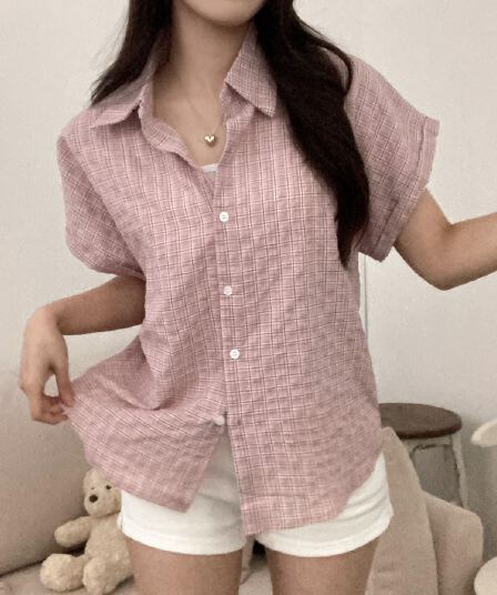 한 부서 여름 클래식 체크무늬 압력 주름 반팔 여성 셔츠