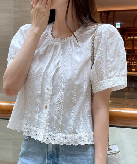 여름 한국 스타일 패션 자수 레이스업 레이스 순면 반팔 여성 셔츠