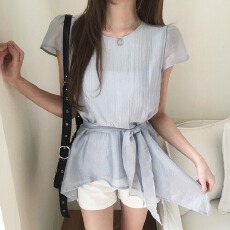 批发<b class='q'>韩版</b>夏季冰凉感不规则系带收腰短袖中长款<b class='q'>衬衫女</b>