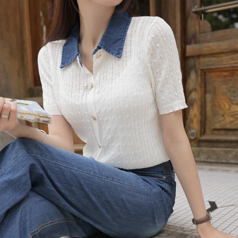 여름 새로운 디자인 센스 작은 샤넬 스타일 패치워크 데님 폴로 칼라 꽈배기 얼음 실크 차가운 센스 니트 스웨터 여성용 짧은 소매 맨위 여성