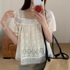 批发夏季<b class='q'>韩版</b>时尚镂空刺绣拼接蕾丝方领减龄可爱<b class='q'>娃娃衫</b>短袖衬衣女