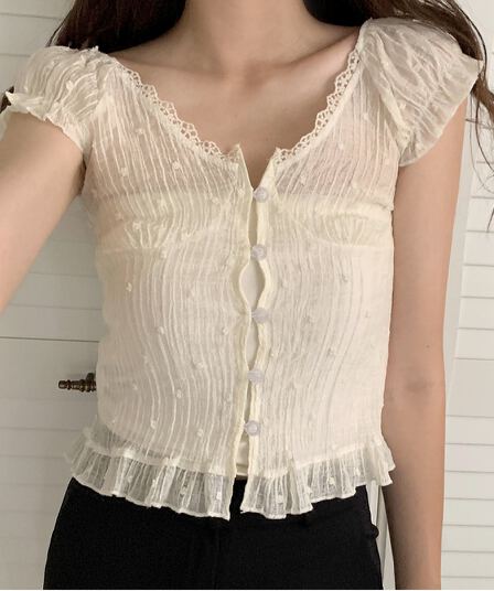 한 부서 여름 신선함 V넥 귀여운 레이스 측면 연령 감소 인형 셔츠 일상 다용도 셔츠 작은 셔츠 맨위 여성