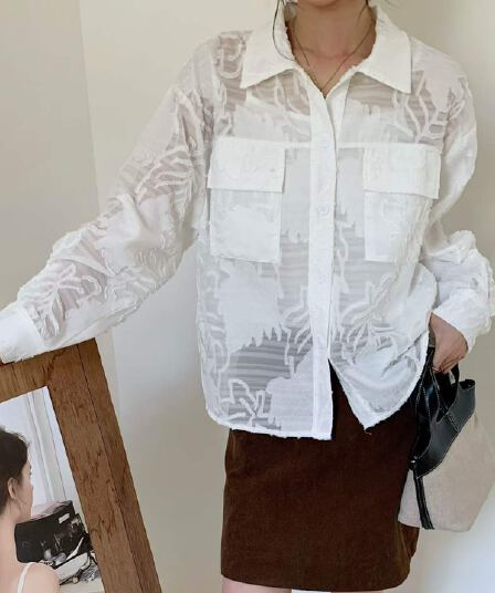 이른 가을 한 레트로 더블 주머니 작은 대중 무거운 작업 뒤로 루버 접기 폴로 칼라 긴팔 마이크로 ~을 통해 셔츠 루즈핏 셔츠 여성