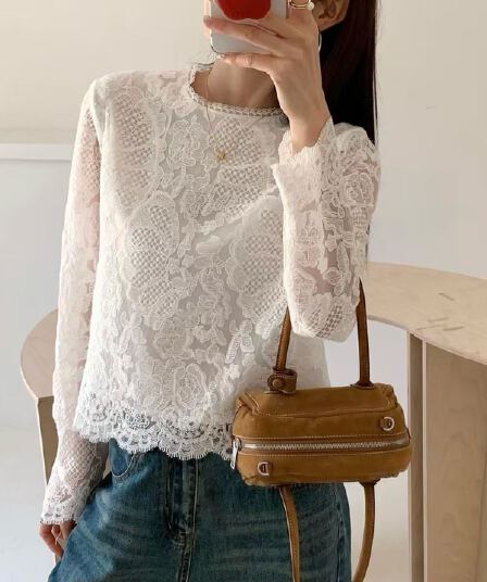 가을 새로운 우아함 패션 다용도 긴팔 패치워크 자수 레이스 셔츠 셔츠 맨위 여성