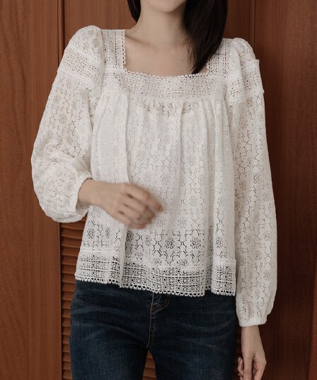 가을 한국 스타일 새로운 패션 홀로우 아웃 자수 패치워크 레이스 광장 칼라 연령 감소 귀여운 인형 셔츠 긴팔 셔츠 여성