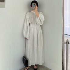 批发2026秋季<b class='q'>韩国</b>东大门法式优雅立领刺绣提花褶皱灯笼袖长款连衣裙女