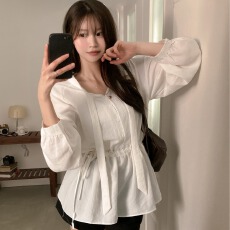 批发<b class='q'>韩国</b>chic秋季新款韩系叠穿百搭收腰系带中长款长袖衬衣连衣短裙女
