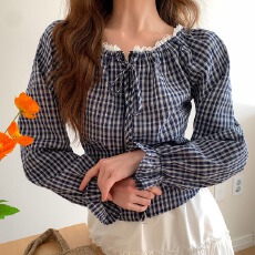 批发2026秋季新款法式格纹蕾丝边衬衣<b class='q'>开衫</b><b class='q'>女</b>慵懒宽松百搭短款上衣