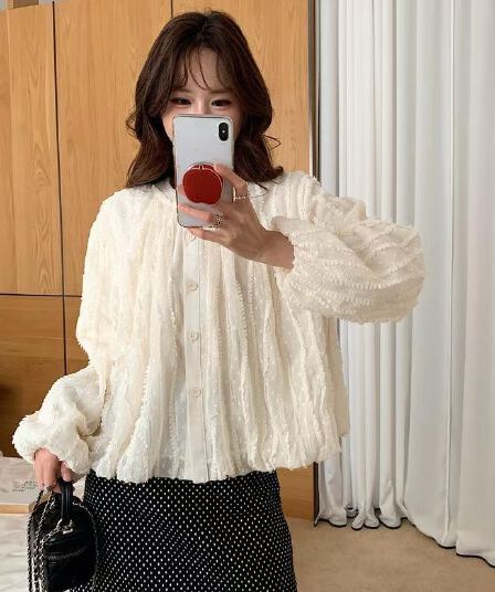 가을 한국 스타일 새로운 다용도 달콤함 스탠드 칼라 무거운 작업 술 랜턴 긴팔 여성 셔츠