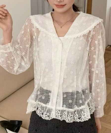 가을 느긋한 바람 꽃 홀로우 아웃 여성 연령 감소 베이비 칼라 긴팔 품격 다용도 셔츠 여성 경기 슬립 투피스 세트