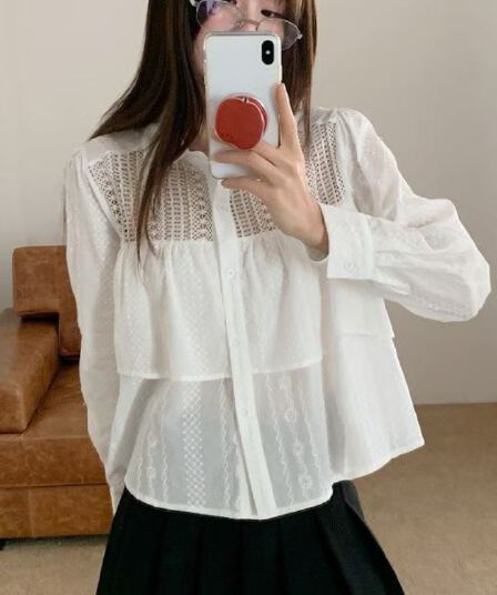 새로운 가을 작은 대중 일본식 패치워크 홀로우 아웃 셔츠 디자인 센스 패션 자수 캐주얼 다용도 긴팔 맨위 여성