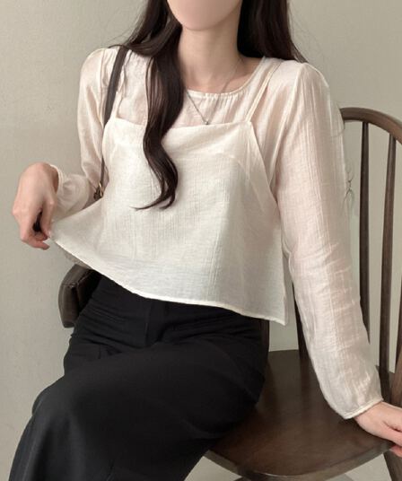 프랑스식 시폰 셔츠 여성 chic 작은 대중 디자인 시스루 작은 셔츠 캐미솔 고유 한 긴팔 셔츠 투피스 슈트