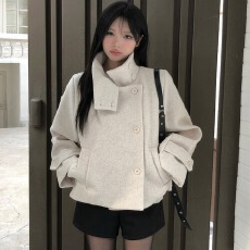 批发夹棉加厚毛呢外套女韩版复古立领侧排扣秋冬保暖短款呢子<b class='q'>大</b>衣潮