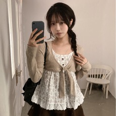 批发2026秋季森女风蝴蝶结碎花假两件衬衫女<b class='q'>甜美</b>蕾丝花边叠穿一体上衣