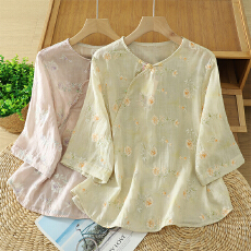 批发圆领国风棉麻女士衬衫2026妈妈夏装复古文艺小衫薄款苎麻<b class='q'>上衣</b>