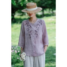 批发夏季新文艺纯苎麻刺绣花半袖衬衫女宽松显瘦薄款减龄<b class='q'>立领</b>衬衣上衣