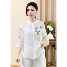 批发夏季新复古纯苎麻刺绣七分袖衬衫女宽松显瘦薄款<b class='q'>立领</b>单排扣衬衣女