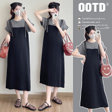 实拍—孕妇装夏季背带拼接假两件设计感宽松显瘦遮肉针织长裙