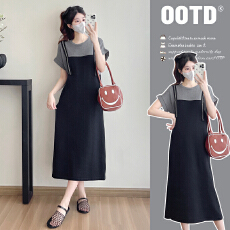 实拍—孕妇装夏季背带拼接假两件设计感宽松显瘦遮肉针织长裙