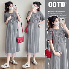 批发实拍—孕妇装夏季新款<b class='q'>韩版</b>宽松圆领网纱拼接灰色洋气针织长裙