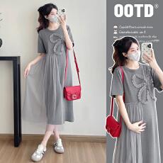 批发实拍—孕妇装夏季新款<b class='q'>韩版</b>宽松圆领网纱拼接灰色洋气针织长裙