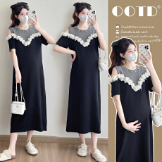 实拍—孕妇装夏季宽松显瘦减龄设计感立体装饰露肩针织连衣裙