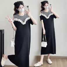 实拍—孕妇装夏季宽松显瘦减龄设计感立体装饰露肩针织连衣裙