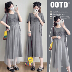 批发实拍—孕妇装夏季新款<b class='q'>韩版</b>宽松圆领网纱拼接灰色洋气针织长裙