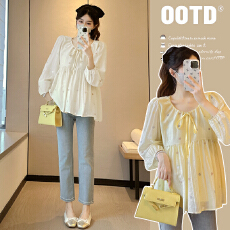 批发实拍—孕妇装春<b class='q'>秋</b>季长袖时尚韩版V领百搭减龄娃娃衫孕妇上衣