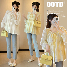 批发实拍—孕妇装春秋季长袖时尚韩版V领<b class='q'>百搭</b>减龄娃娃衫孕妇上衣