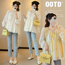 批发实拍—孕妇装春<b class='q'>秋</b>季长袖时尚韩版V领百搭减龄娃娃衫孕妇上衣