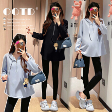 批发实拍~新款孕妇<b class='q'>秋</b>冬时尚休闲连帽百搭拉链宽松长袖孕妇装上衣