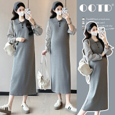 批发实拍出货~孕妇装拼接条纹长袖翻领连衣裙宽松<b class='q'>休闲</b>显瘦孕妇针织裙