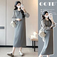 批发实拍出货~<b class='q'>孕妇装</b>拼接条纹长袖翻领连衣裙宽松休闲显瘦<b class='q'>孕妇</b><b class='q'>针织裙</b>