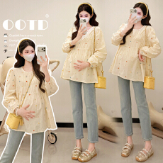 批发实拍—孕妇装春<b class='q'>秋</b>长袖时尚刺绣韩版圆领百搭减龄娃娃衫孕妇上衣