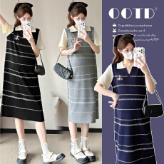 批发实拍~新款<b class='q'>孕妇装</b>夏季短袖polo领撞色菱格显瘦冰丝长款<b class='q'>孕妇</b><b class='q'>连衣裙</b>