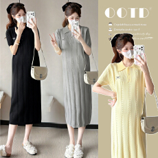 批发实拍~新款<b class='q'>孕妇</b><b class='q'>夏季</b><b class='q'>连衣裙</b>法式短袖宽松麻花针织polo领长款<b class='q'>孕妇</b><b class='q'>裙</b>