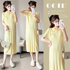 批发实拍~新款<b class='q'>孕妇</b><b class='q'>夏季</b><b class='q'>连衣裙</b>法式短袖宽松麻花针织polo领长款<b class='q'>孕妇</b><b class='q'>裙</b>