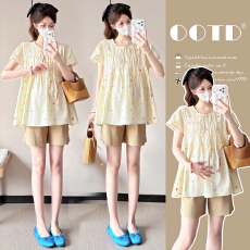 批发实拍—孕妇装夏季短袖时尚刺绣韩版圆领百搭减龄<b class='q'>娃娃衫</b>孕妇上衣