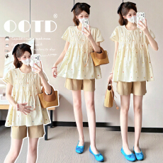 批发实拍—孕妇装夏季短袖时尚刺绣韩版圆领百搭减龄<b class='q'>娃娃衫</b>孕妇上衣