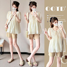 实拍—孕妇装夏季短袖时尚韩版V领百搭减龄娃娃衫孕妇上衣