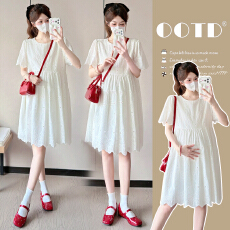 实拍~新款孕妇装夏季蕾丝简约时尚圆领宽松大码孕妇连衣裙