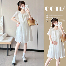 实拍~新款孕妇装夏季蕾丝简约时尚方领宽松大码孕妇连衣裙