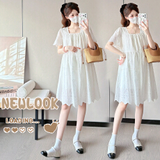 实拍~新款孕妇装夏季蕾丝简约时尚方领宽松大码孕妇连衣裙