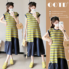 实拍~新款孕妇夏季时尚中长款条纹拼接显瘦雪纺洋气孕妇连衣裙