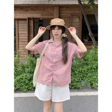 批发夏日设计感彩纱泡泡棉<b class='q'>格子衬衫</b>女2025新款百搭宽松休闲古巴领上衣