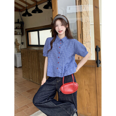 批发实价蓝色格子泡泡袖<b class='q'>衬衫女</b>2026夏季miu系穿搭荷叶边衬衣上衣短款